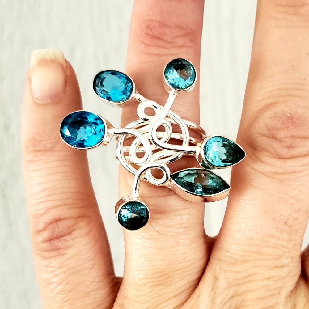 New Twisted Blue Topaz Silver Ring.